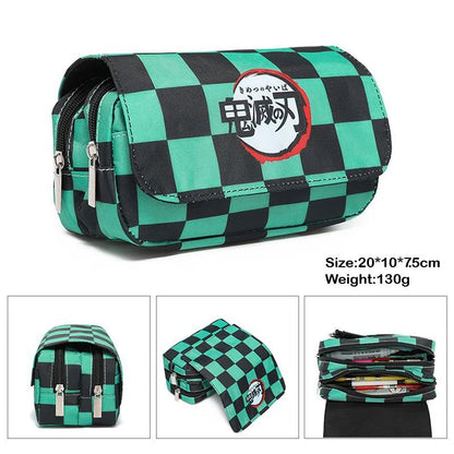 Demon Slayer canvas pencil case with double zipper, inspired by the Kimetsu No Yaiba universe. It offers a large storage space for pens, pencils, and other supplies, while adding a kawaii touch to your daily life. 