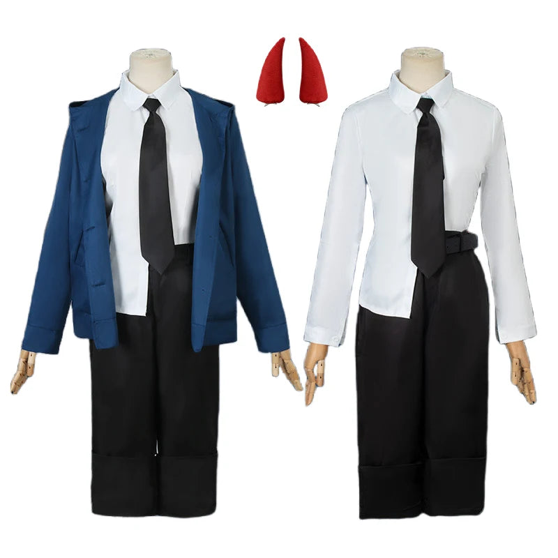 Costume Cosplay Power - Chainsaw Man | Comprend une perruque, une veste bleue, un pantalon, et des cornes pour recréer le look iconique de Power. Parfait pour Halloween, cosplay, ou événements thématiques pour femmes et filles fans de l'anime
