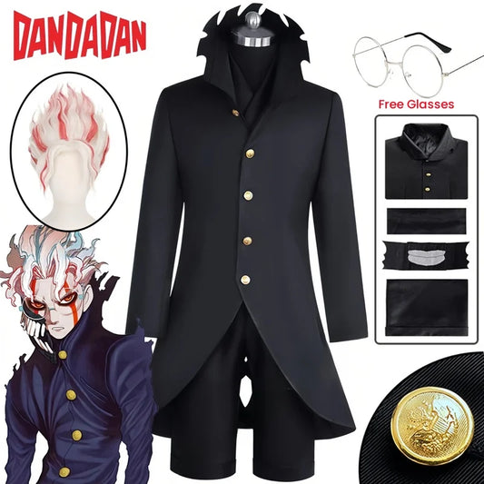 Ken Takakura (Okarun) DAN DA DAN Cosplay: uniforme negro, peluca, mascarilla y gafas icónicas. Ideal para fans del cosplay y de Dandadan.