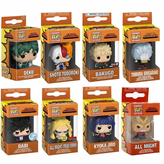 Llavero Funko Pop con personajes de My Hero Academia. Perfecto para fanáticos y coleccionistas del anime.