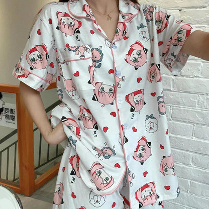 SPY×FAMILY Pajamas | Short sleeve pajama set inspired by Anya Forger. Comfortable and cute, these cartoon-style pajamas are perfect for evenings at home. Ideal as a gift for fans of the anime 