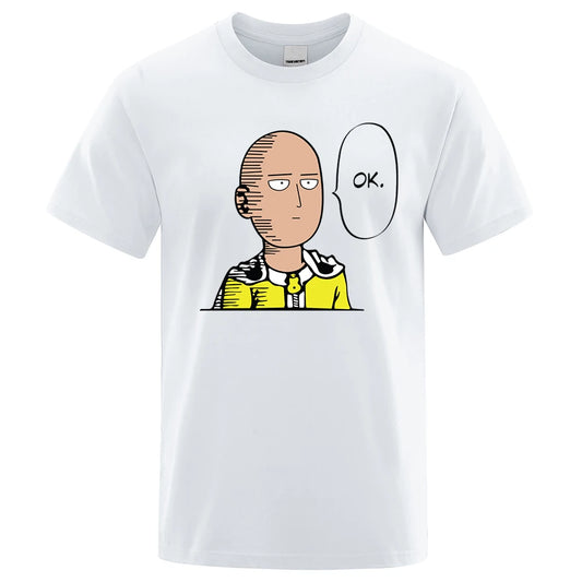 Camiseta extragrande de One Punch Man | Camiseta de algodón suave con estampado "OK" de One Punch Man. Diseño casual hip-hop, perfecto para el verano. Genial para los fanáticos del anime